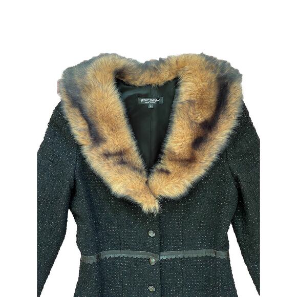 Betsey Johnson New York Black & Gild Shimmer Duster Coat, faux fur lapel size‎ S - Picture 4 of 13